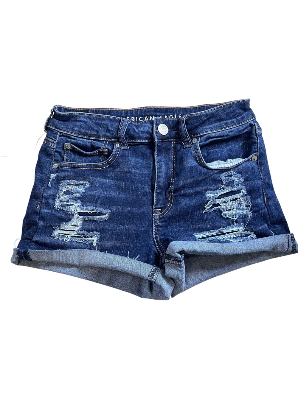 American Eagle next level stretch high rise shortie dark wash shorts Sz 4